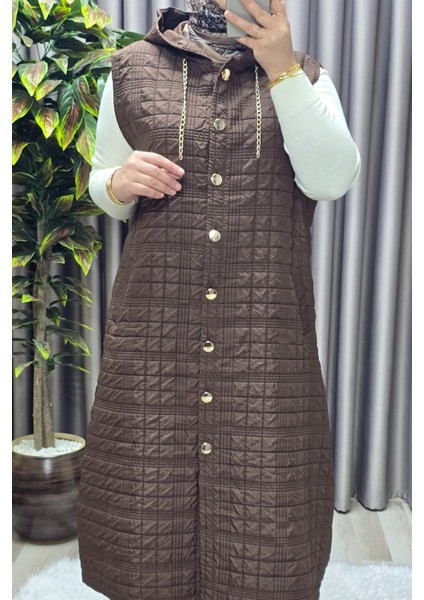 Kadın Giyim Büyük Beden Kapşonlu Astarlı Kare Desen Yelek fırsatları