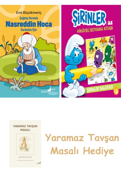 Çağdaş Yorumla Nasreddin Hoca - Karikatür/şiir + Şirinler ile Hikayeli Boyama Kitabı - Şirinler Salatası + Yaramaz Tavşan Masalı