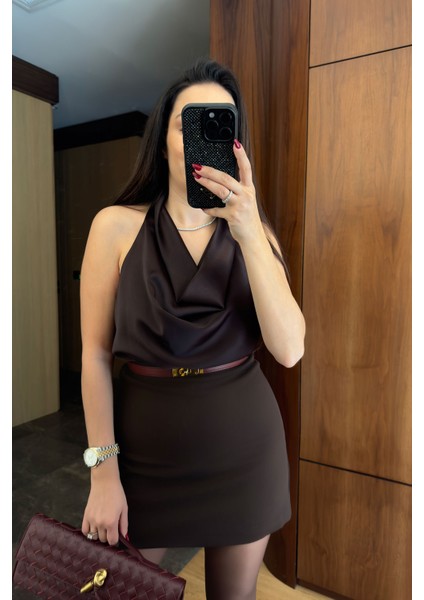 Degaje Yaka Premium Saten Bluz- Kahverengi