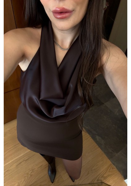 Degaje Yaka Premium Saten Bluz- Kahverengi fiyatları