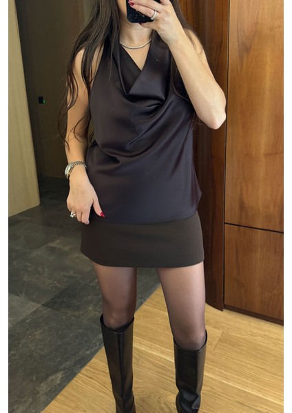 Degaje Yaka Premium Saten Bluz- Kahverengi modelleri