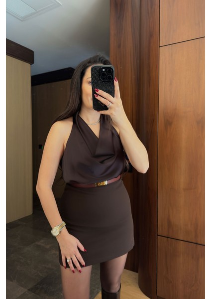 Degaje Yaka Premium Saten Bluz- Kahverengi indirimleri