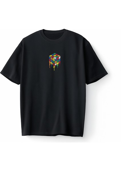 Rubik Zeka Küpü Renkli Kombinasyon Akışkan Baskılı Oversize Unisex Tişört T-Shirt