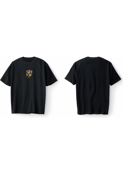 Rubik Zeka Küpü Renkli Kombinasyon Akışkan Baskılı Oversize Unisex Tişört T-Shirt modelleri
