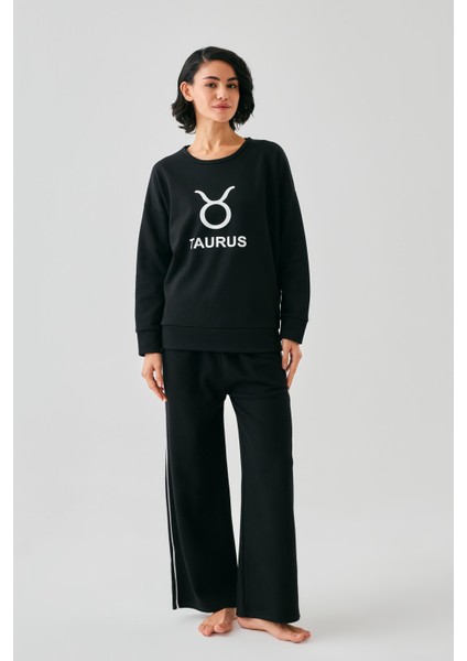 Kadın Siyah Boğa Burcu Oversize 2 Iplik Eşofman Ev Giyim Takımı modelleri