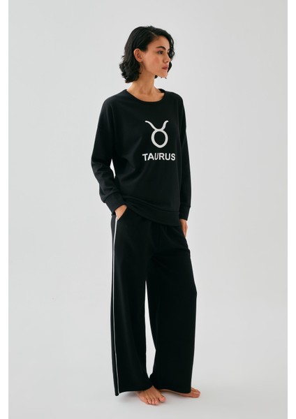 Kadın Siyah Boğa Burcu Oversize 2 Iplik Eşofman Ev Giyim Takımı indirimleri