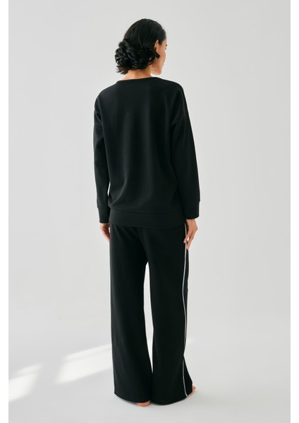 Kadın Siyah Yengeç Burcu Oversize 2 Iplik Eşofman Ev Giyim Takımı