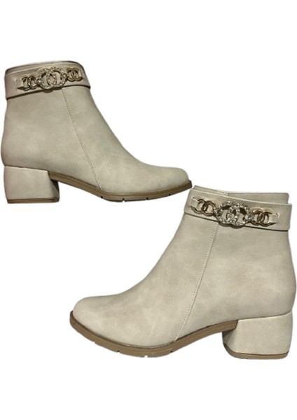 Bej Mat Fermuar Detaylı Rahat Kadın 4.5 cm Topuklu Bot