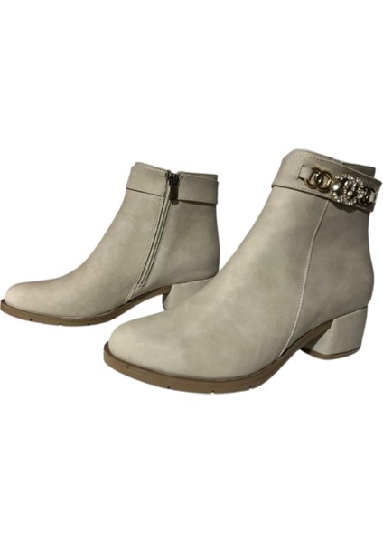 Bej Mat Fermuar Detaylı Rahat Kadın 4.5 cm Topuklu Bot modelleri