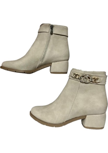 Bej Mat Fermuar Detaylı Rahat Kadın 4.5 cm Topuklu Bot fırsatları