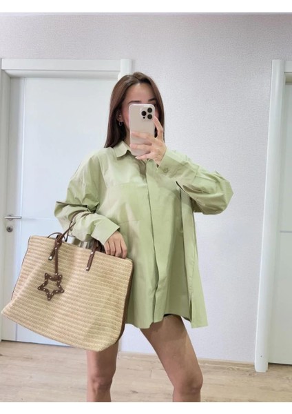 Poplin Kadın Yakalı Yandan Yırtmaçlı Arka Pens Detaylı Gömlek - Yeşil modelleri