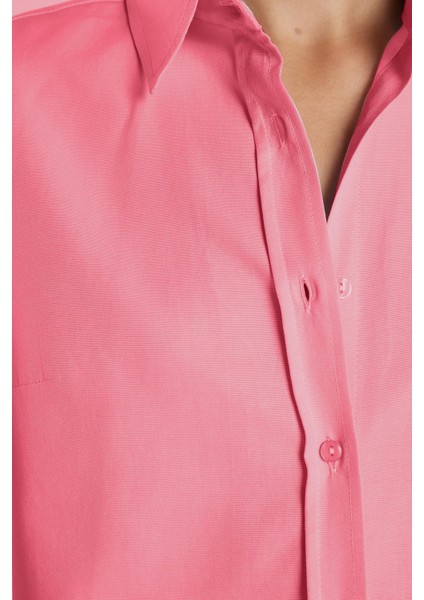 Kadın Slim Fit Dar Kesim Uzun Kollu Pamuklu Vücuda Oturan Dokulu Pembe Basic Gömlek modelleri