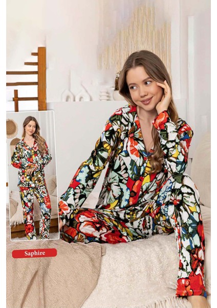 Kadın Çiçek Desen Düğmeli Saphire Pijama Takımı 0357 Çok Renkli modelleri