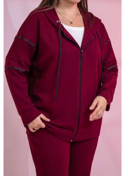 Kadın Büyük Beden Grogrenli-Fermuarlı Kapşonlu Bordo Sweat
