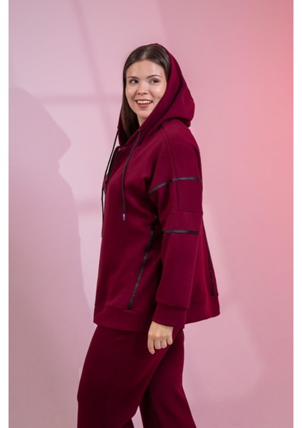 Kadın Büyük Beden Grogrenli-Fermuarlı Kapşonlu Bordo Sweat fiyatları