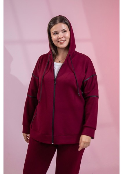 Kadın Büyük Beden Grogrenli-Fermuarlı Kapşonlu Bordo Sweat modelleri