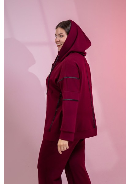 Kadın Büyük Beden Grogrenli-Fermuarlı Kapşonlu Bordo Sweat fırsatları