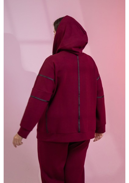 Kadın Büyük Beden Grogrenli-Fermuarlı Kapşonlu Bordo Sweat indirimleri
