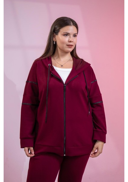 Kadın Büyük Beden Grogrenli-Fermuarlı Kapşonlu Bordo Sweat
