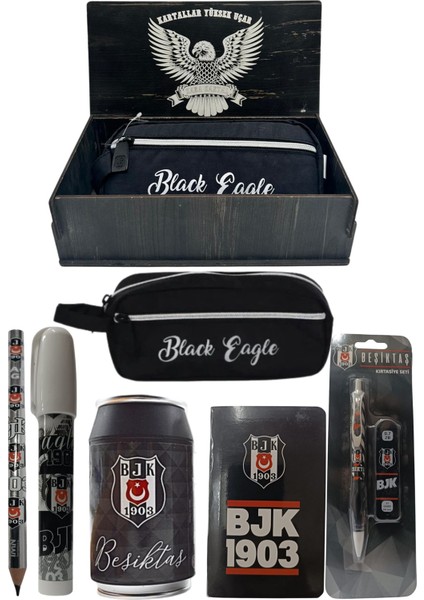 Beşiktaş Orjinal Lisanslı Siyah Kutu Kalemtraş Ahşap Kutulu 6'lı Kırtasiye Seti