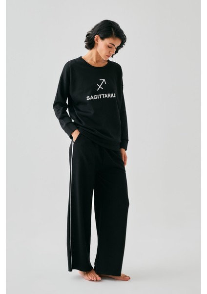 Kadın Siyah Yay Burcu Oversize 2 Iplik Eşofman Ev Giyim Takımı