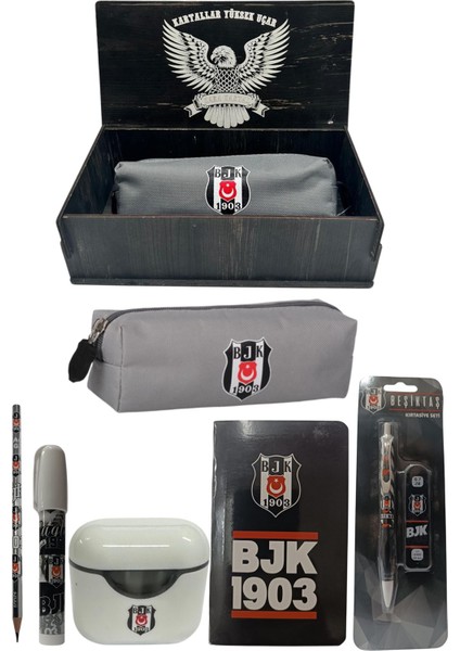 Beşiktaş Orjinal Lisanslı Beyaz Air Kalemtraş Ahşap Kutulu 6'lı Kırtasiye Seti