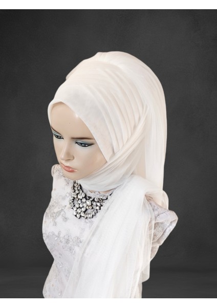 Gelinbaşı Kırık Beyaz Duvaklı Hazır Türban Hazır Şal Abiye Şal