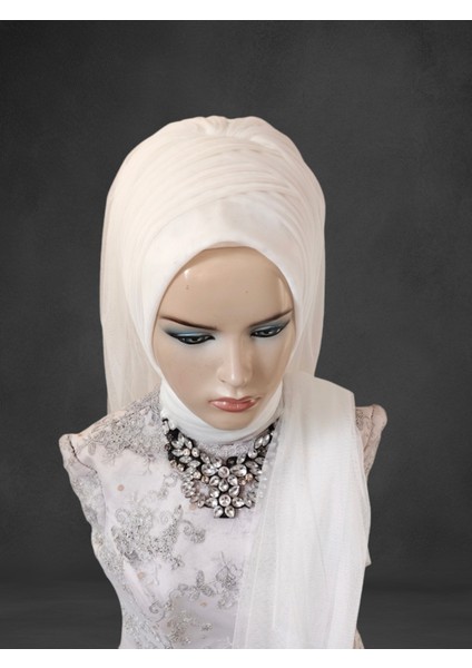 Gelinbaşı Kırık Beyaz Duvaklı Hazır Türban Hazır Şal Abiye Şal modelleri
