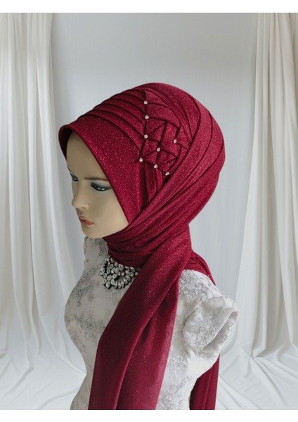 Bordo Simli Zehra Hazır Türban Hazır Şal Abiye Şal