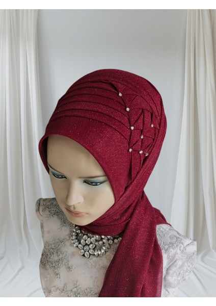 Bordo Simli Zehra Hazır Türban Hazır Şal Abiye Şal modelleri