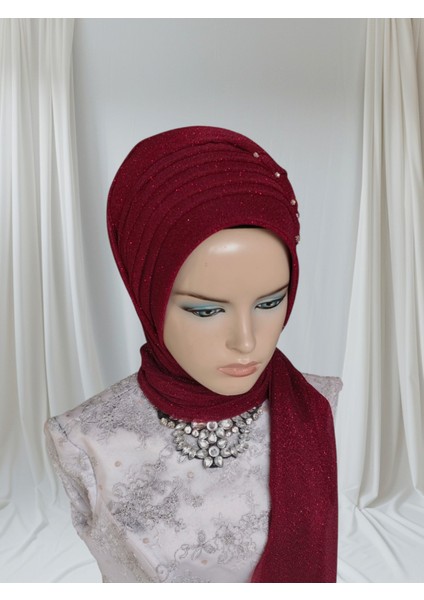 Bordo Simli Zehra Hazır Türban Hazır Şal Abiye Şal fırsatları
