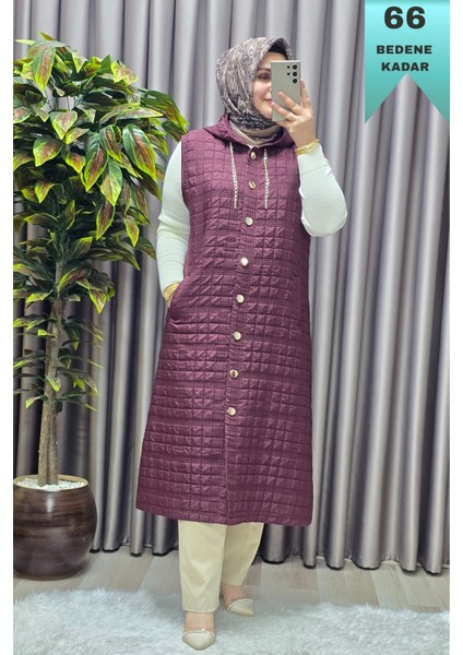 Kadın Giyim Büyük Beden Kapşonlu Astarlı Kare Desen Yelek