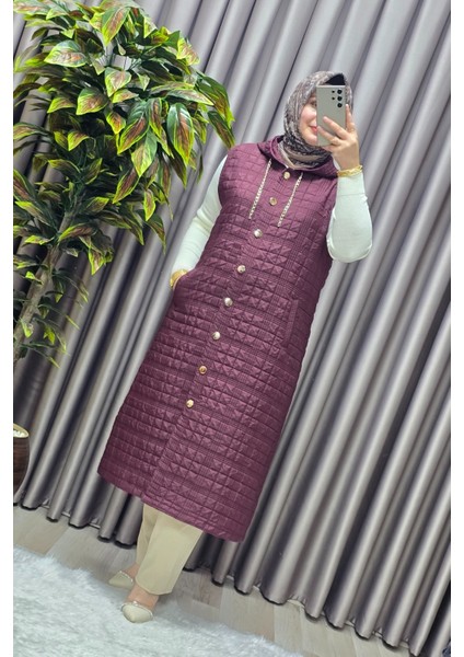 Kadın Giyim Büyük Beden Kapşonlu Astarlı Kare Desen Yelek indirimleri