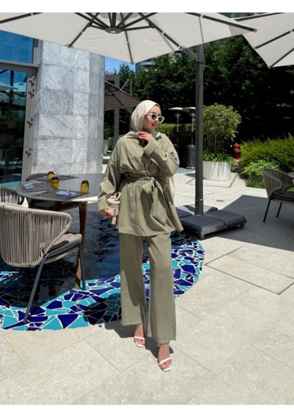 Kadın Geniş Kuşaklı Pantolonlu Takım M41332 - Çağla Yeşili