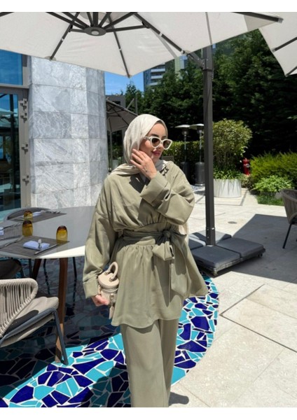 Kadın Geniş Kuşaklı Pantolonlu Takım M41332 - Çağla Yeşili fiyatları