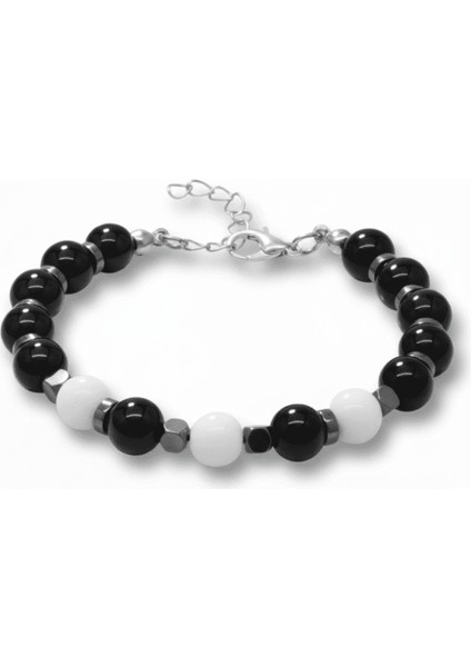 Gümüş Renk Metal Zincirli Küre Kesim Siyah Beyaz Jade Oniks Hematit Doğaltaş Erkek Taraftar Bileklik