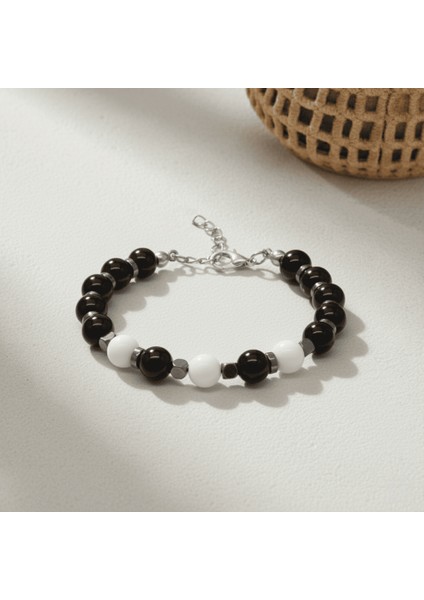 Gümüş Renk Metal Zincirli Küre Kesim Siyah Beyaz Jade Oniks Hematit Doğaltaş Erkek Taraftar Bileklik fırsatları