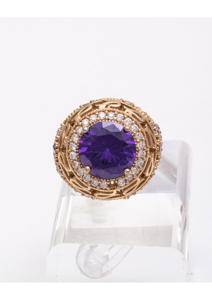 Mor Doğal Taşlı Bakır Işlemeli 925 Ayar Gümüş Kadın Yüzük – Zarif ve Gösterişli Tasarım