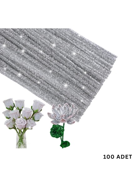 Şönil Tel, El Işi, Dıy, Hobi ve Çiçek Yapım Teli, Simli Gümüş, 100 Adet, 6 mm - 30 cm