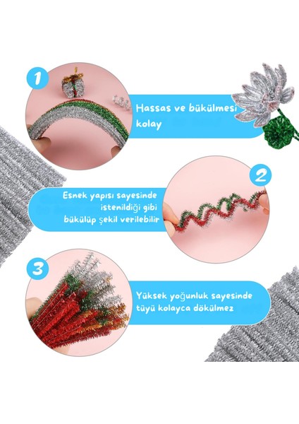 Şönil Tel, El Işi, Dıy, Hobi ve Çiçek Yapım Teli, Simli Gümüş, 100 Adet, 6 mm - 30 cm modelleri