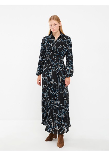 Yeni Sezon Desenli Uzun Kollu Şifon Kadın Gömlek Elbise modelleri