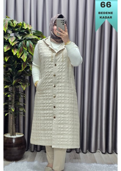 Kadın Giyim Büyük Beden Kapşonlu Astarlı Kare Desen Yelek