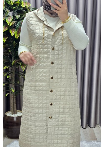 Kadın Giyim Büyük Beden Kapşonlu Astarlı Kare Desen Yelek indirimleri