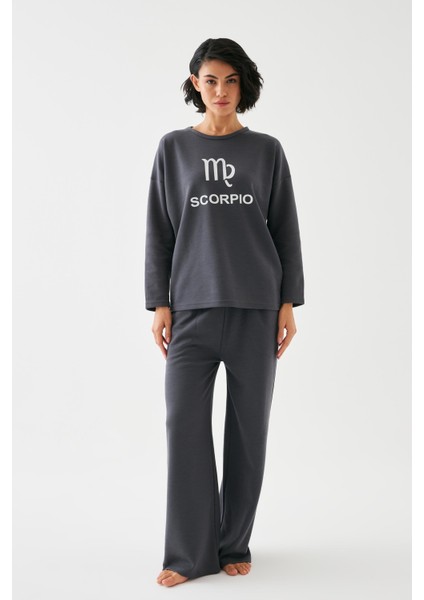 Kadın Füme Akrep Burcu Oversize 2 Iplik Eşofman Ev Giyim Takımı