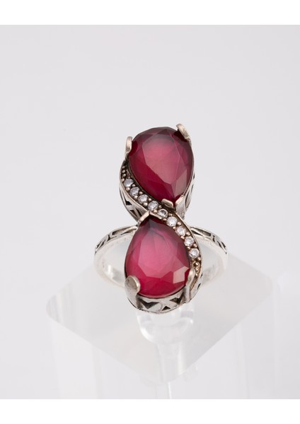 Çift Damla Ruby Taşlı 925 Ayar Gümüş Kadın Yüzük – Zarif ve Işıltılı Sarmal Tasarım
