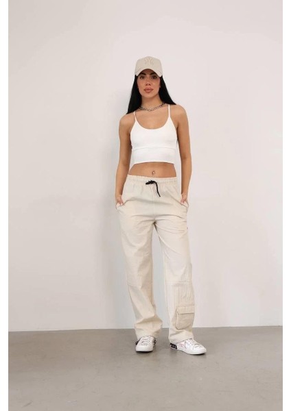 Paraşüt Kumaş Kargo Ceplı Baggy Eşofman- Bej