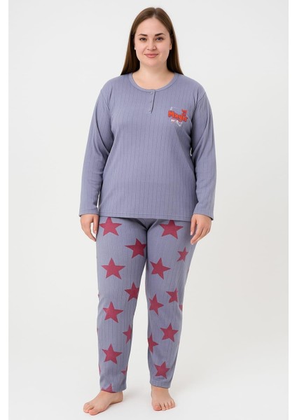 Kadın 05117 Büyük Beden % 100 Pamuk Raporlu Pijama Takımı Indigo