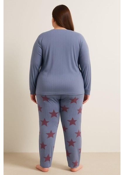 Kadın 05117 Büyük Beden % 100 Pamuk Raporlu Pijama Takımı Indigo fiyatları
