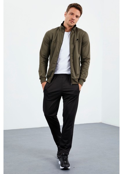 Camel - Siyah Dik Yaka Fermuarlı Standart Kalıp Klasik Paça Erkek Eşofman Takımı - 85162