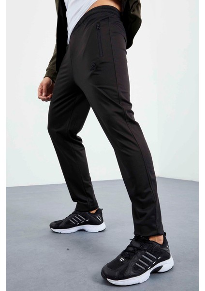 Camel - Siyah Dik Yaka Fermuarlı Standart Kalıp Klasik Paça Erkek Eşofman Takımı - 85162